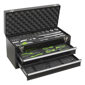 A Sealey Portable Tool Chest 2 Drawer with 90-piece Tool Kit (model S01055) features a sturdy black metal construction and includes an assortment of green-handled screwdrivers, soft grip handles, wrenches, reversible ratchet wrenches, sockets, and various other hand tools neatly organized in two accessible drawers under a secure lid.