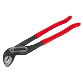Sealey Water Pump Pliers 300mm - S01057, featuring red handles and a black metal body, crafted from hardened and tempered Chrome Vanadium steel.