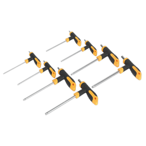 A set of eight Sealey T-Handle TRX-Star* keys (S01070) with black comfort grip handles and yellow accents, crafted from Chrome Vanadium steel for durability.