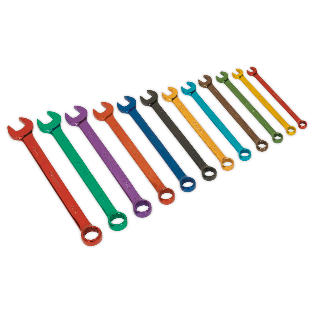 The Sealey Combination Spanner Set (S01074) features twelve colorful Chrome Vanadium spanners, lined up by size, with hues ranging from red on the left to red on the right, highlighting their corrosion resistance.