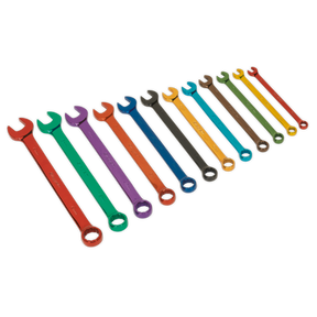 The Sealey Combination Spanner Set (S01074) features twelve colorful Chrome Vanadium spanners, lined up by size, with hues ranging from red on the left to red on the right, highlighting their corrosion resistance.