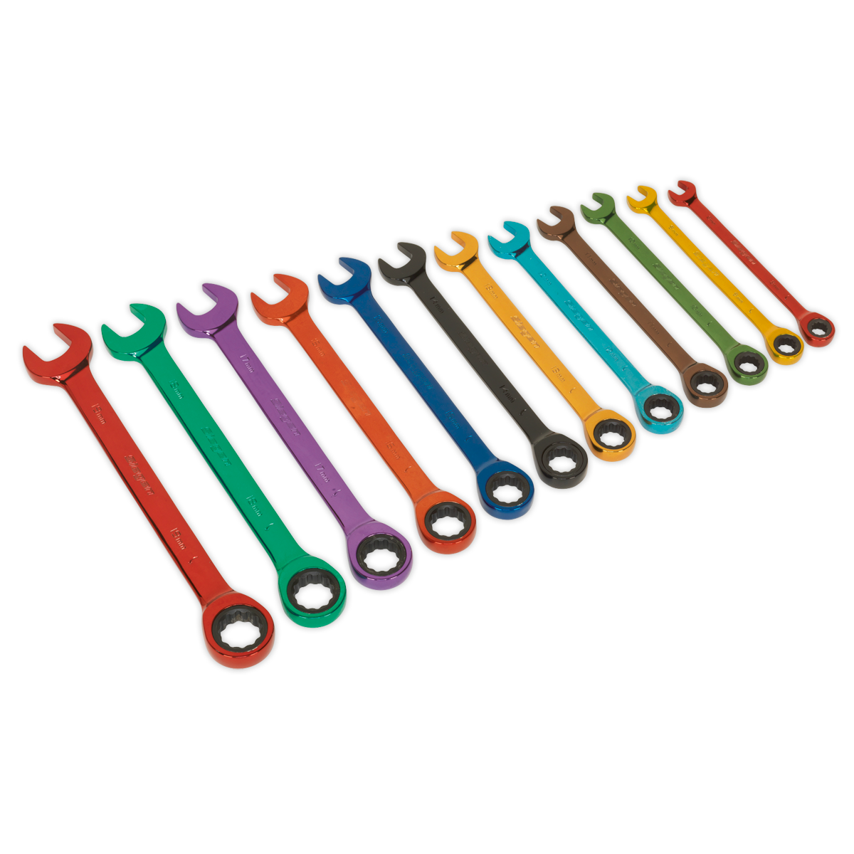 Ratchet Combination Spanner Set 12pc Multi-Coloured Metric - S01075 - Farming Parts