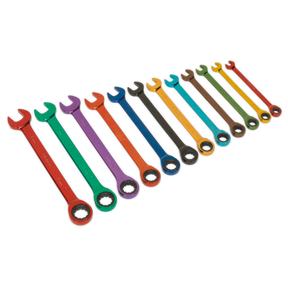 Ratchet Combination Spanner Set 12pc Multi-Coloured Metric - S01075 - Farming Parts