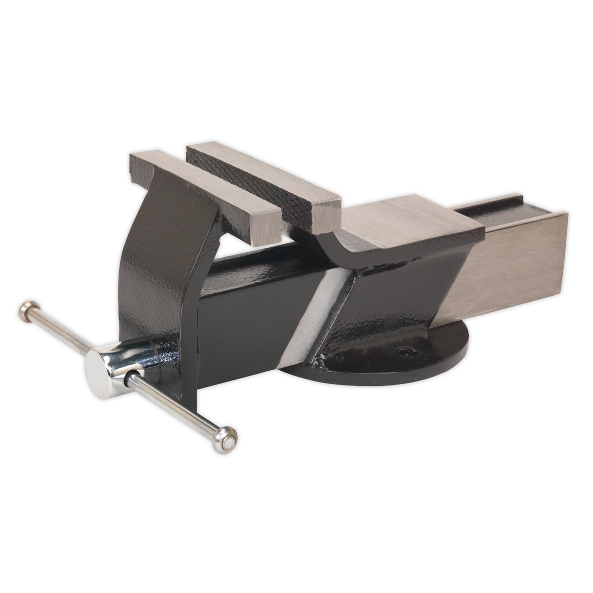 The Sealey Vice 100mm Steel Fabricated - S01081 is a metal bench vise that provides smooth clamping action. It features a rotating handle and adjustable jaw, ideal for holding objects steady during various tasks. Additionally, an anvil at the rear enhances the versatility of this essential tool.