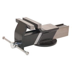 The Sealey Vice 100mm Steel Fabricated - S01081 is a metal bench vise that provides smooth clamping action. It features a rotating handle and adjustable jaw, ideal for holding objects steady during various tasks. Additionally, an anvil at the rear enhances the versatility of this essential tool.