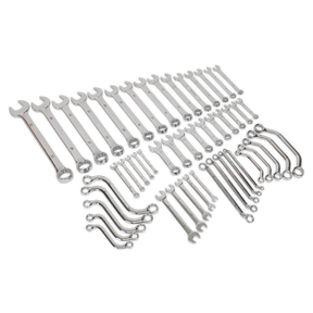 The Sealey Multipurpose Spanner Set 50pc Metric - S01084 includes a variety of combination spanners and box-end wrenches made from drop-forged Chrome Vanadium steel, all neatly organized.