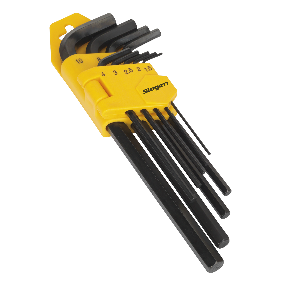 The Hex Key Set 9pc Long Metric - S01091 by Sealey includes hex keys in various sizes, neatly organized in a yellow plastic holder labeled "Siegen by Sealey." Made from durable Chrome Vanadium steel, these keys come with a lifetime guarantee.