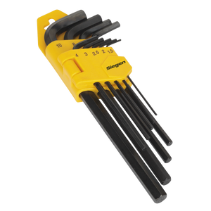 The Hex Key Set 9pc Long Metric - S01091 by Sealey includes hex keys in various sizes, neatly organized in a yellow plastic holder labeled "Siegen by Sealey." Made from durable Chrome Vanadium steel, these keys come with a lifetime guarantee.