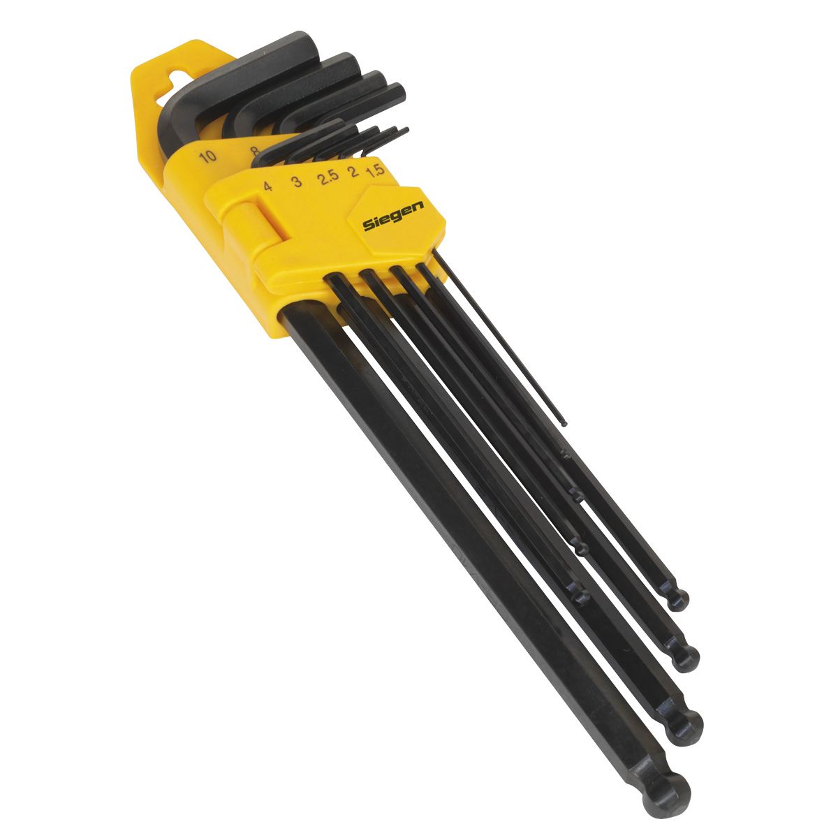 A set of Sealey Ball-End Hex Key Set 9pc Extra-Long Metric - S01094, crafted from Chrome Vanadium steel, neatly arranged in a yellow plastic holder with clearly visible size markings ranging from 1.5 to 10.