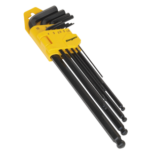 A set of Sealey Ball-End Hex Key Set 9pc Extra-Long Metric - S01094, crafted from Chrome Vanadium steel, neatly arranged in a yellow plastic holder with clearly visible size markings ranging from 1.5 to 10.