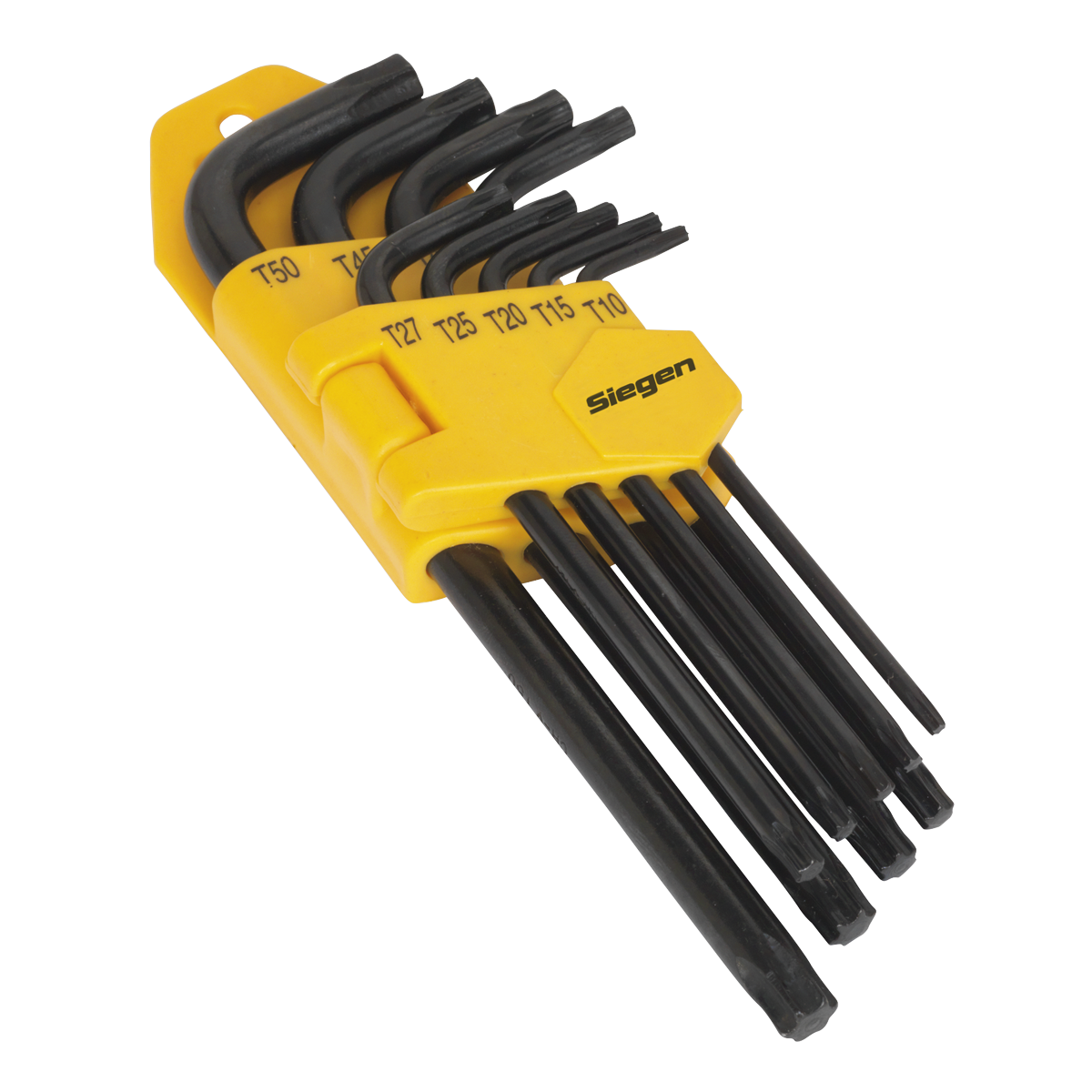 The Sealey TRX-Star* Key Set 9pc Long - S01095 includes nine black Torx L-wrenches made from quality Chrome Vanadium steel, housed in a yellow plastic holder with labeled sizes for convenience.