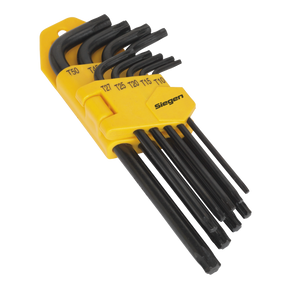 The Sealey TRX-Star* Key Set 9pc Long - S01095 includes nine black Torx L-wrenches made from quality Chrome Vanadium steel, housed in a yellow plastic holder with labeled sizes for convenience.