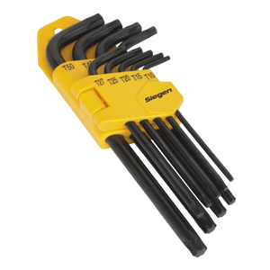 The Sealey TRX-Star* Key Set 9pc Long - S01095 includes nine black Torx L-wrenches made from quality Chrome Vanadium steel, housed in a yellow plastic holder with labeled sizes for convenience.