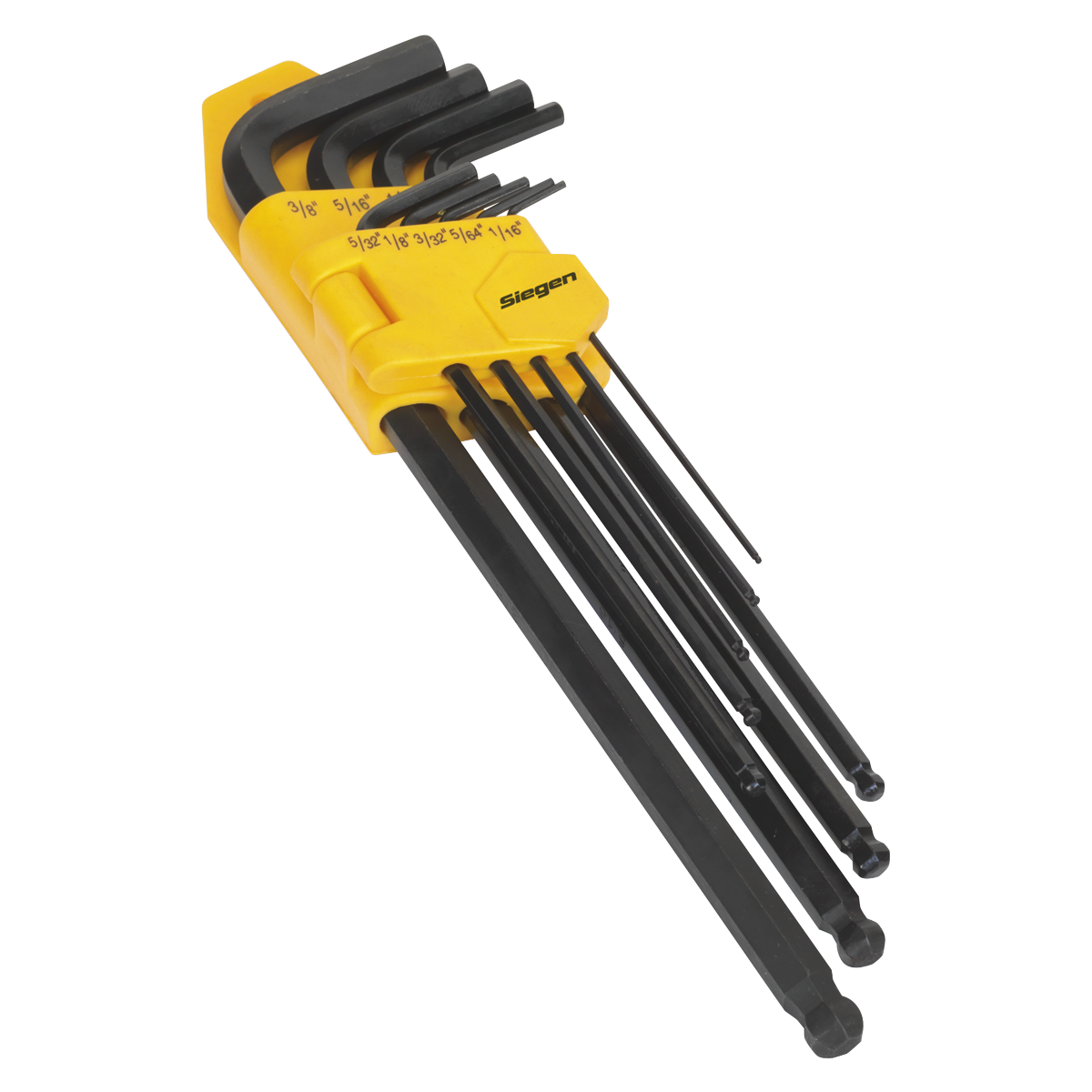 The Ball-End Hex Key Set 9pc Extra-Long Imperial - S01099 by Sealey includes durable black hex keys of various sizes, crafted from Chrome Vanadium steel, and neatly organized in a yellow holder with clear size markings. "Sealey" is proudly printed on the holder, and the set comes with a lifetime guarantee.