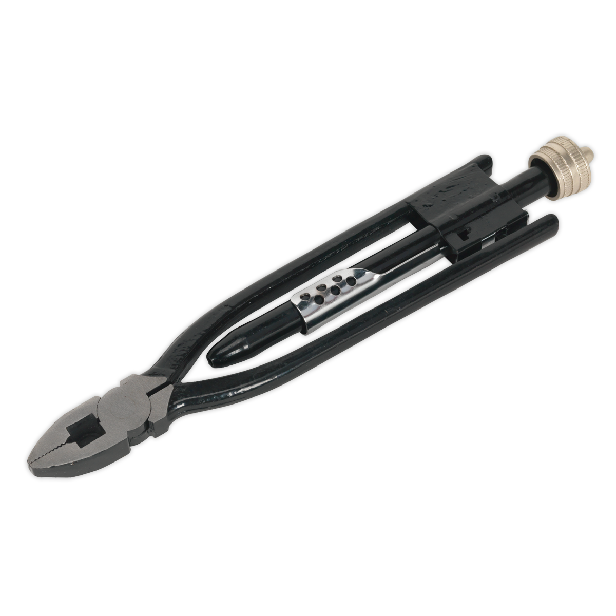 Sealey's Wire Twister 270mm Safety - S01100 features black metal pliers with a screw adjustment mechanism and a cylindrical tool attached in the center, making these high-quality tools perfect for precise tasks and safety wiring.