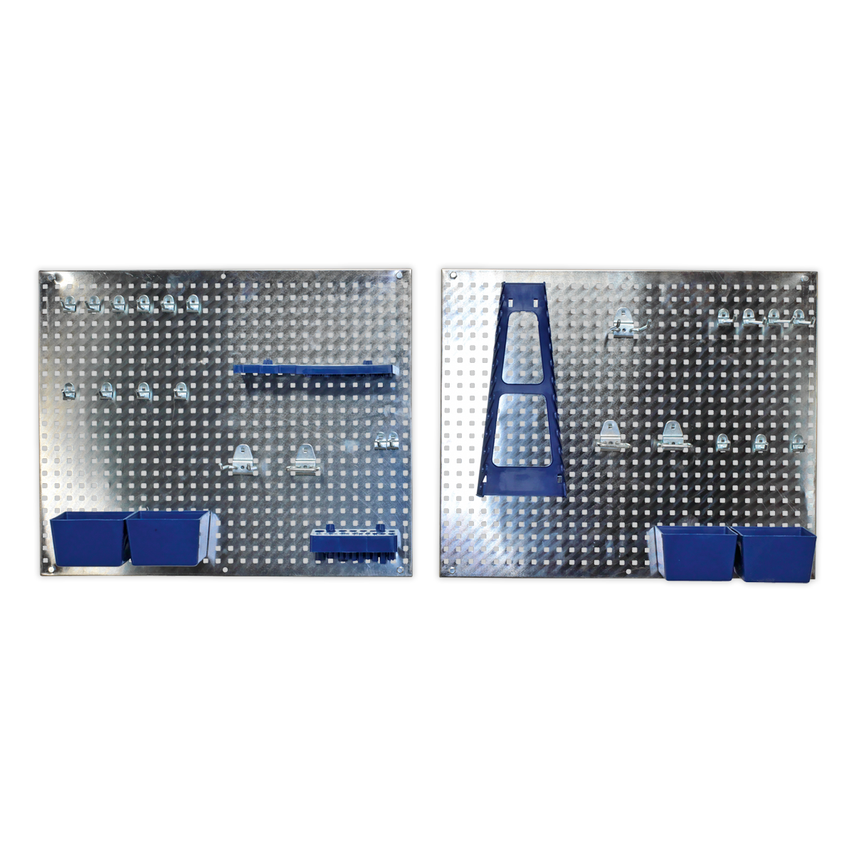 The Wall Storage Pegboard Set 34pc - S01102 by Sealey features a wall-mounted metal pegboard with various hooks and blue containers for organizing tools and supplies, providing efficient tool storage.