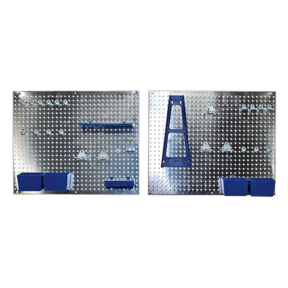 The Wall Storage Pegboard Set 34pc - S01102 by Sealey features a wall-mounted metal pegboard with various hooks and blue containers for organizing tools and supplies, providing efficient tool storage.