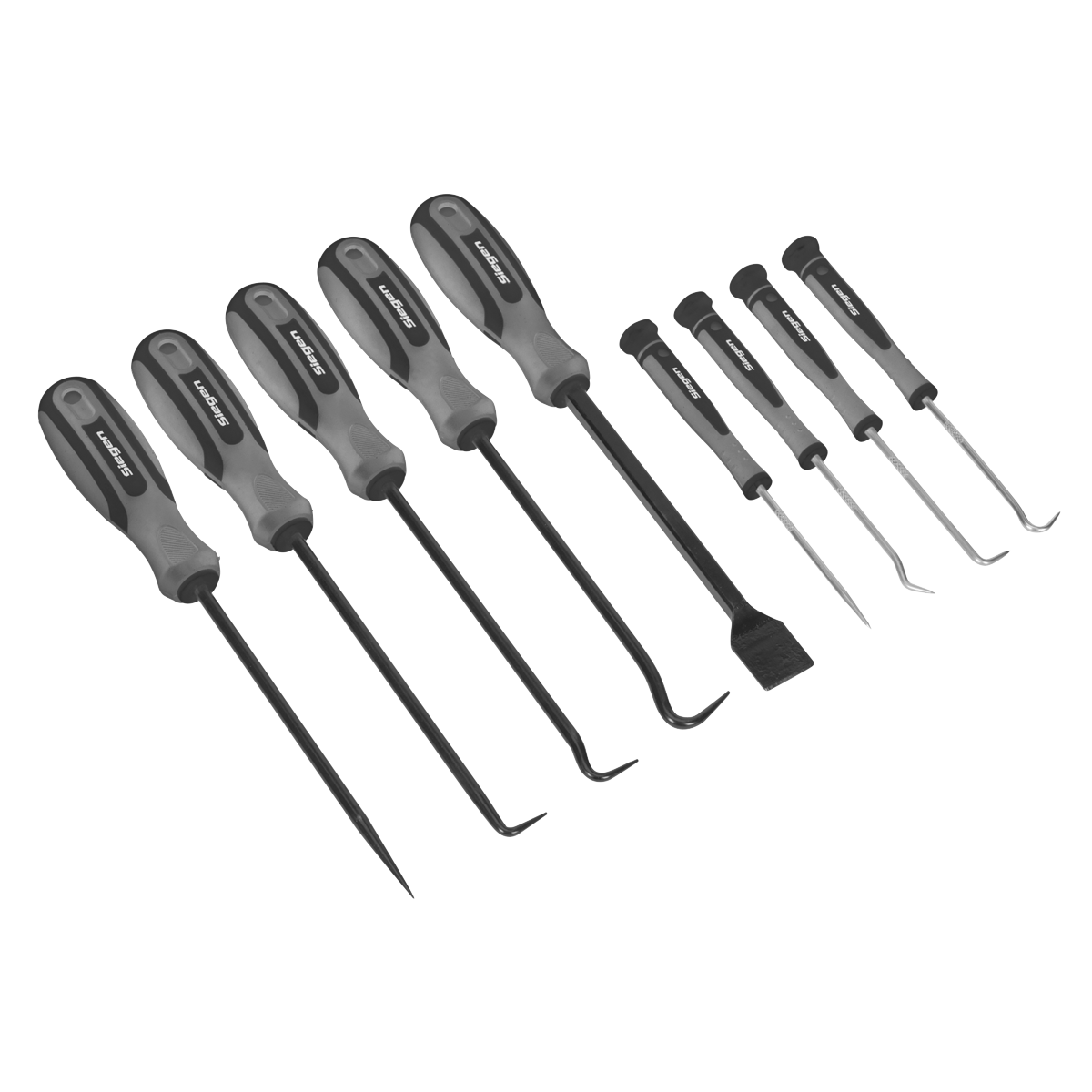 The Sealey Scraper & Hook Set 9pc - S01103 features precision tools with ergonomically styled handles and knurled satin finish steel shafts, including various picks, hooks, and screwdrivers, all arranged in two rows on a white background.