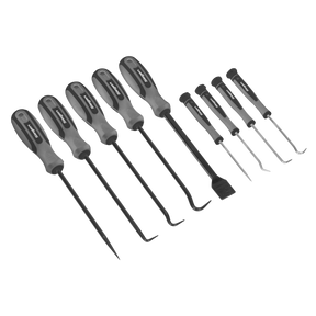 The Sealey Scraper & Hook Set 9pc - S01103 features precision tools with ergonomically styled handles and knurled satin finish steel shafts, including various picks, hooks, and screwdrivers, all arranged in two rows on a white background.