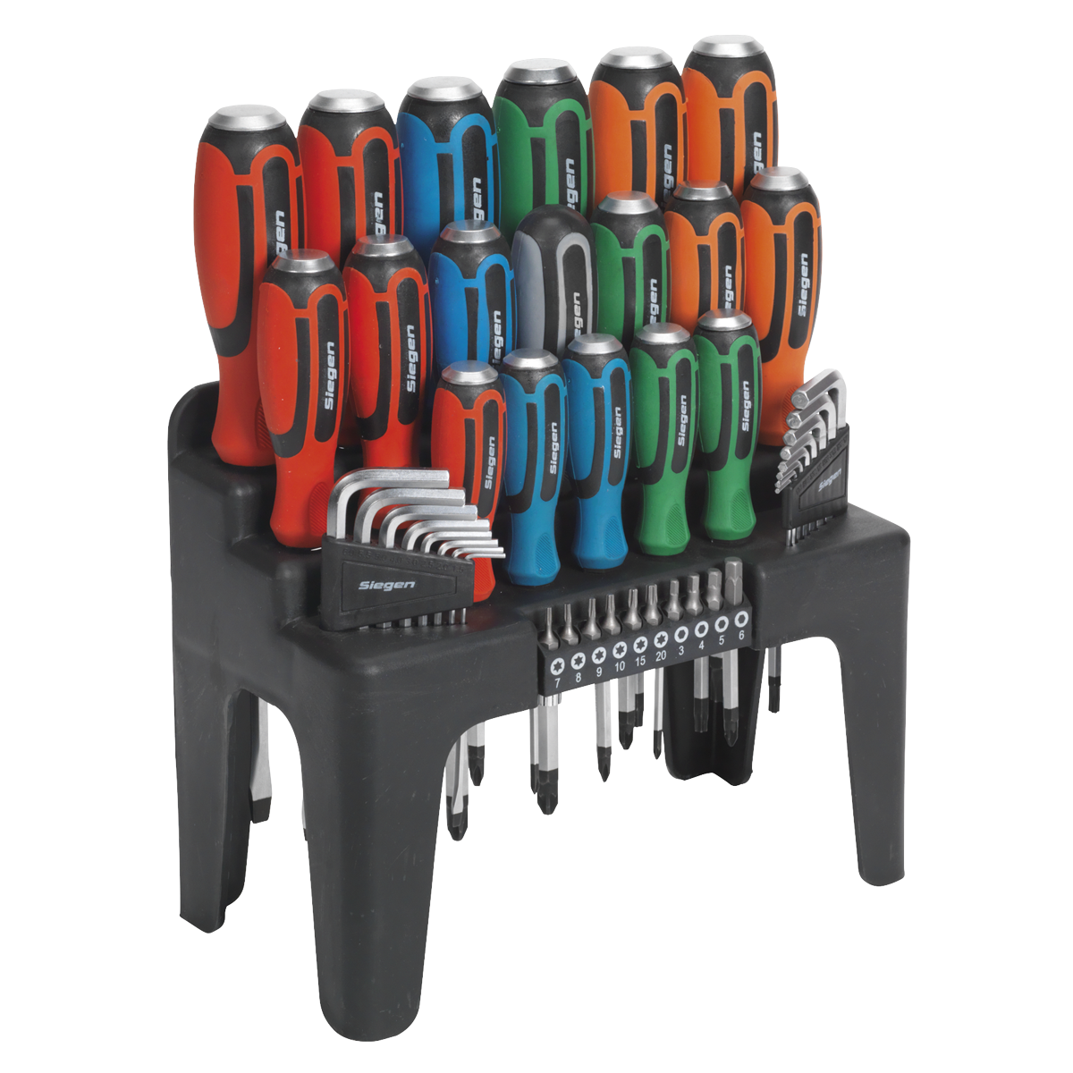 A sleek black stand holds the Hammer-Thru Screwdriver, Hex Key & Bit Set 44pc - S01106 from Sealey, featuring Chrome Vanadium steel screwdrivers and hex keys with colorful handles arranged in rows for easy access, including robust hammer-thru screwdrivers.