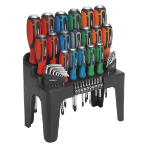 A sleek black stand holds the Hammer-Thru Screwdriver, Hex Key & Bit Set 44pc - S01106 from Sealey, featuring Chrome Vanadium steel screwdrivers and hex keys with colorful handles arranged in rows for easy access, including robust hammer-thru screwdrivers.