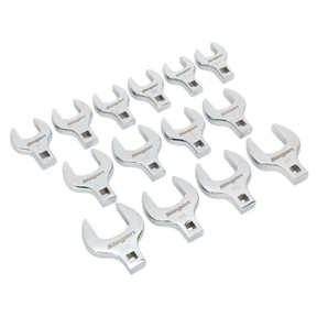 The Sealey Crow's Foot Open End Spanner Set 14pc 1/2"Sq Drive Metric - S01109 features 14 meticulously crafted spanners of varying sizes, made from durable carbon steel and arranged in multiple rows. Perfect for applications with limited access, this set guarantees both durability and precision.