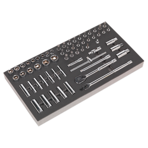The Tool Tray with Socket Set 62pc 3/8"Sq Drive Metric - S01120 by Sealey, featuring various socket wrenches and attachments organized in a black foam tray, is part of the Siegen tool trays collection and comes with a lifetime guarantee.
