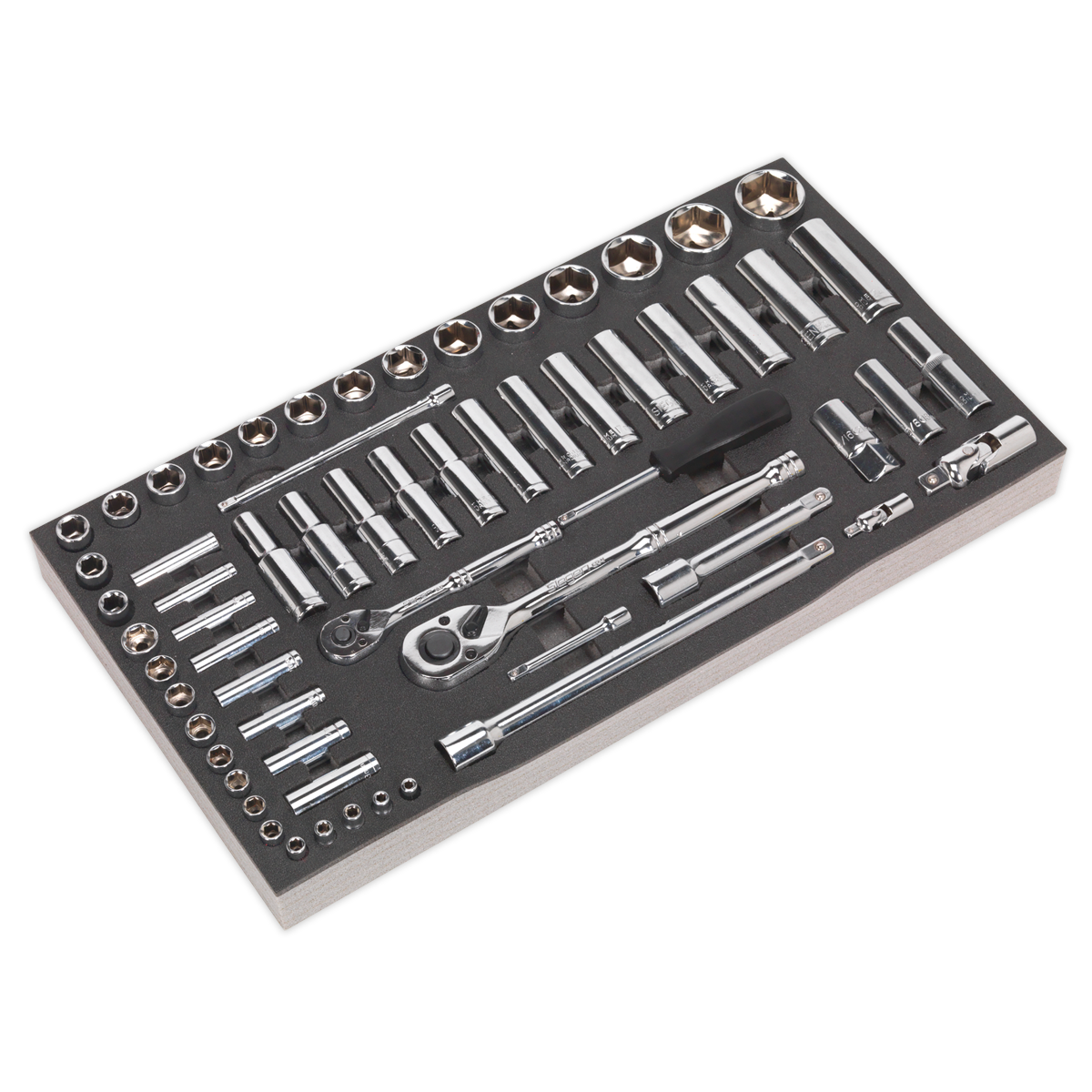 A Sealey Tool Tray with Socket Set 62pc 1/4" & 1/2"Sq Drive Metric - S01122, complete with chrome socket wrenches and accessories, neatly arranged in a foam-lined case that comes with a lifetime guarantee.