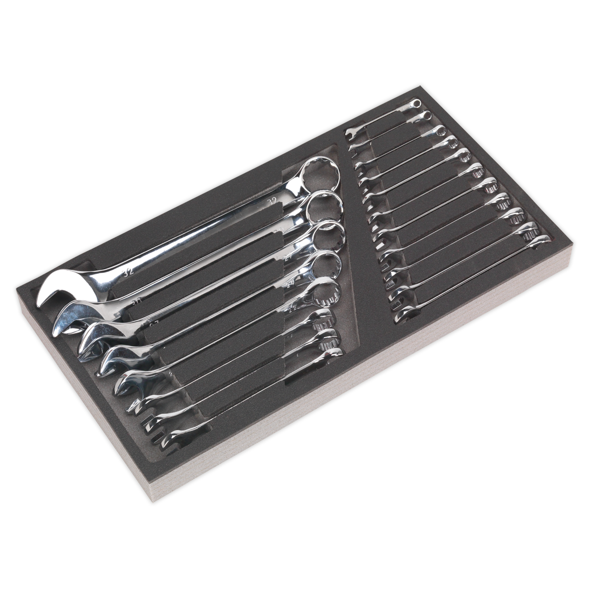 The Sealey Tool Tray with Combination Spanner Set 19pc - Metric (S01123) offers a range of various-sized open-end and ring combination spanners, neatly arranged in a black foam tray inside a rectangular box, ensuring the quality and reliability known from Siegen by Sealey tools.