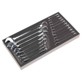 The Sealey Tool Tray with Combination Spanner Set 19pc - Metric (S01123) offers a range of various-sized open-end and ring combination spanners, neatly arranged in a black foam tray inside a rectangular box, ensuring the quality and reliability known from Siegen by Sealey tools.