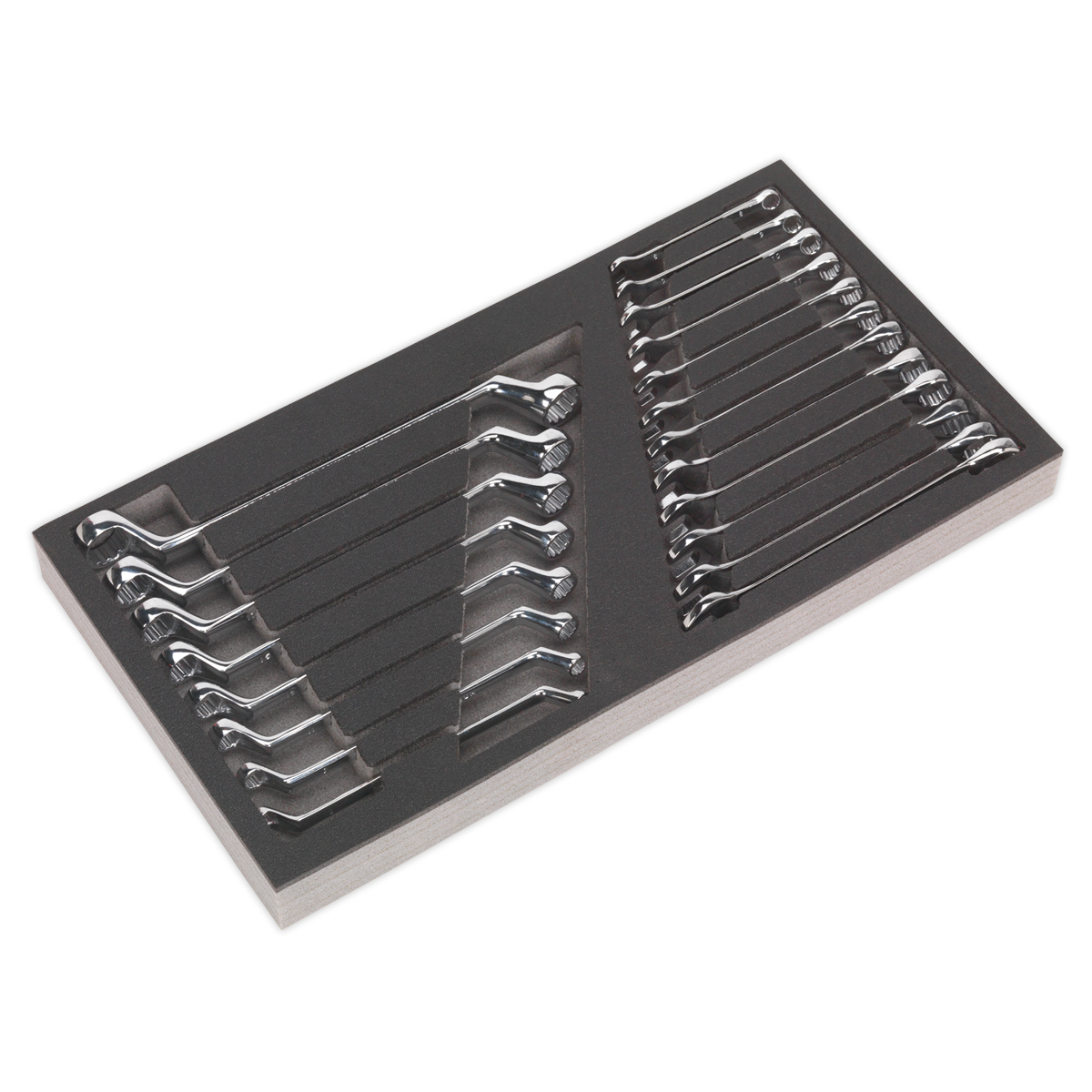 The Sealey Tool Tray with Combination & Deep Offset Spanner Set 20pc - Metric (S01124) includes a set of combination spanners neatly organized in a black foam tray with compartments, part of the Siegen tool trays series, and is backed by a no-quibble lifetime guarantee.