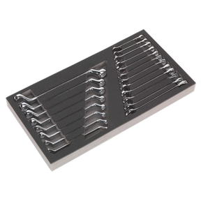 The Sealey Tool Tray with Combination & Deep Offset Spanner Set 20pc - Metric (S01124) includes a set of combination spanners neatly organized in a black foam tray with compartments, part of the Siegen tool trays series, and is backed by a no-quibble lifetime guarantee.