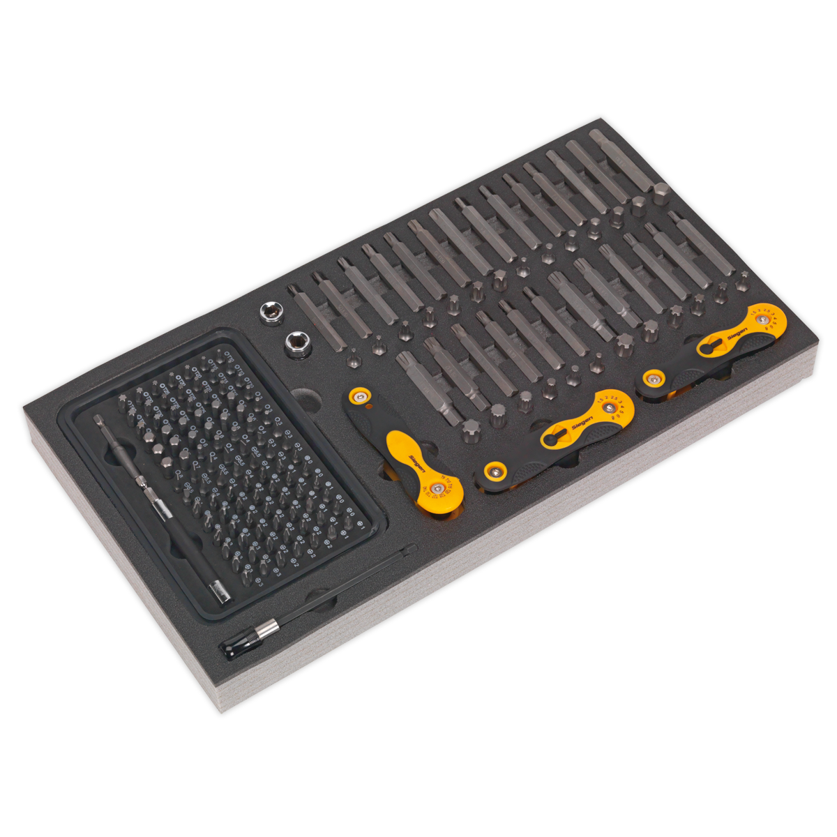 The Sealey Tool Tray with Specialised Bits & Folding Hex Keys 192pc - S01126 features a neatly arranged assortment of quality tools including various screwdriver bits, yellow-handled instruments, and other precision equipment, all organized in a foam insert tray with a lifetime guarantee.