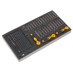 The Sealey Tool Tray with Specialised Bits & Folding Hex Keys 192pc - S01126 features a neatly arranged assortment of quality tools including various screwdriver bits, yellow-handled instruments, and other precision equipment, all organized in a foam insert tray with a lifetime guarantee.