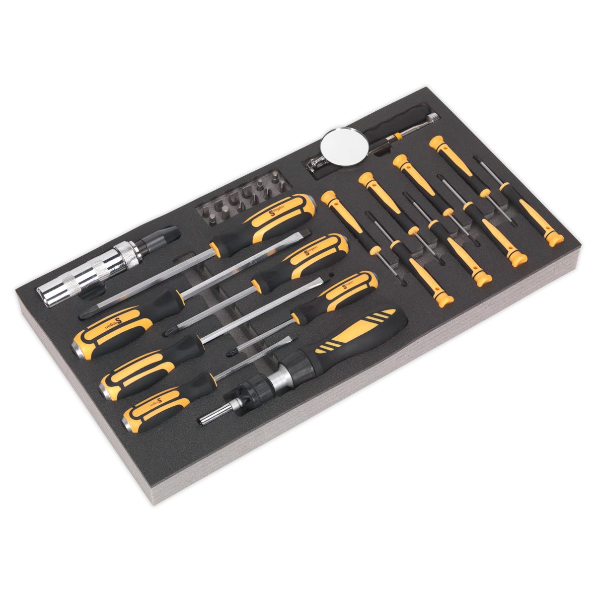 The Sealey Tool Tray with Screwdriver Set 36pc - S01128 is a high-quality collection featuring a variety of yellow and black tools, including flathead, Phillips, precision, and interchangeable screwdrivers. This comprehensive set also includes various bits and a small mirror tool. Each tool is engineered for durability and comes with a lifetime guarantee.