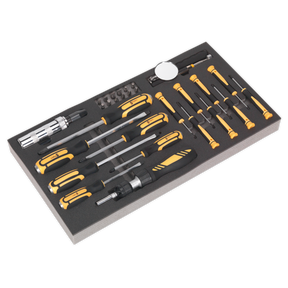 The Sealey Tool Tray with Screwdriver Set 36pc - S01128 is a high-quality collection featuring a variety of yellow and black tools, including flathead, Phillips, precision, and interchangeable screwdrivers. This comprehensive set also includes various bits and a small mirror tool. Each tool is engineered for durability and comes with a lifetime guarantee.