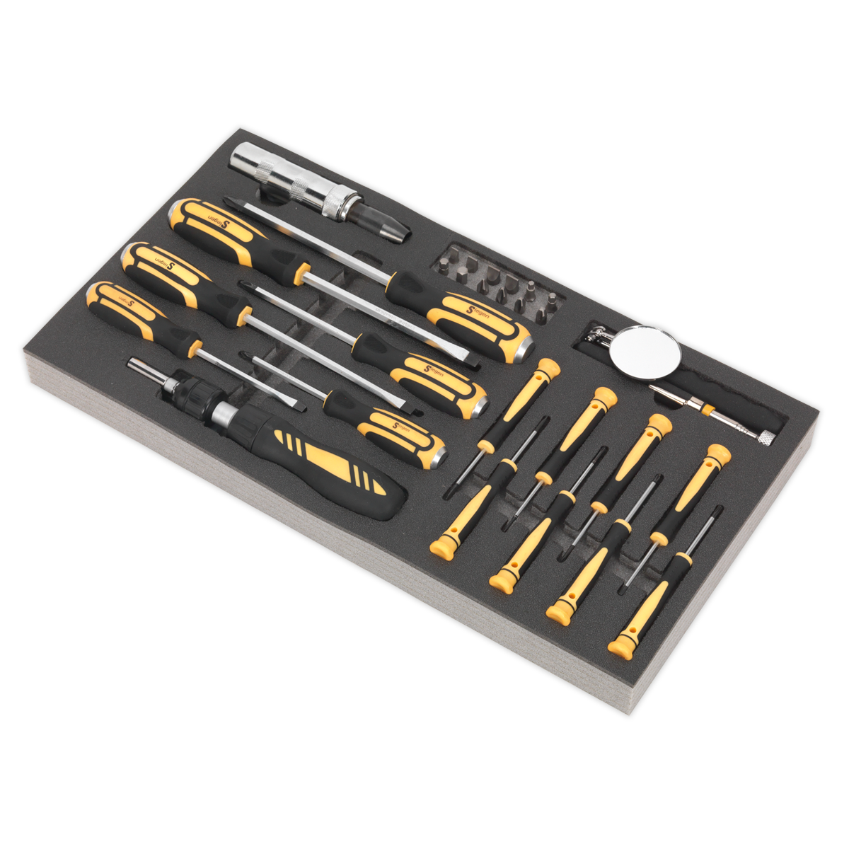 The Sealey Tool Tray with Screwdriver Set 36pc - S01128, featuring a collection of yellow-handled screwdrivers, small bits, a small mirror, and various precision tools arranged neatly in a foam insert, ensures you receive high-quality tools backed by a lifetime guarantee.