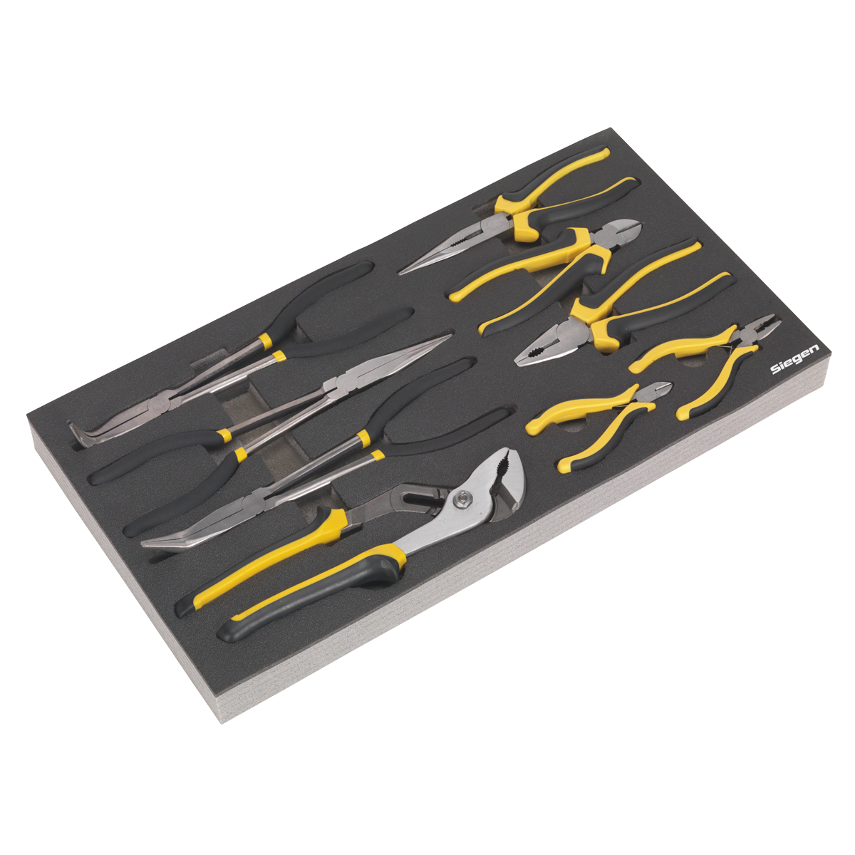 A set of various pliers and cutters with yellow and black handles from the Sealey Tool Tray with Pliers Set 9pc (S01129) neatly arranged in a foam tool tray.