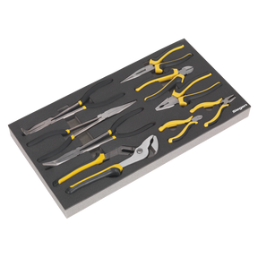 A set of various pliers and cutters with yellow and black handles from the Sealey Tool Tray with Pliers Set 9pc (S01129) neatly arranged in a foam tool tray.