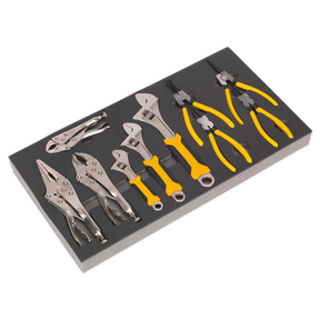 A set of various quality tools including pliers, wrenches, and adjustable pliers with yellow and black handles, neatly arranged in a Sealey Tool Tray with Adjustable Wrench & Pliers Set 10pc - S01130, all backed by a lifetime guarantee.