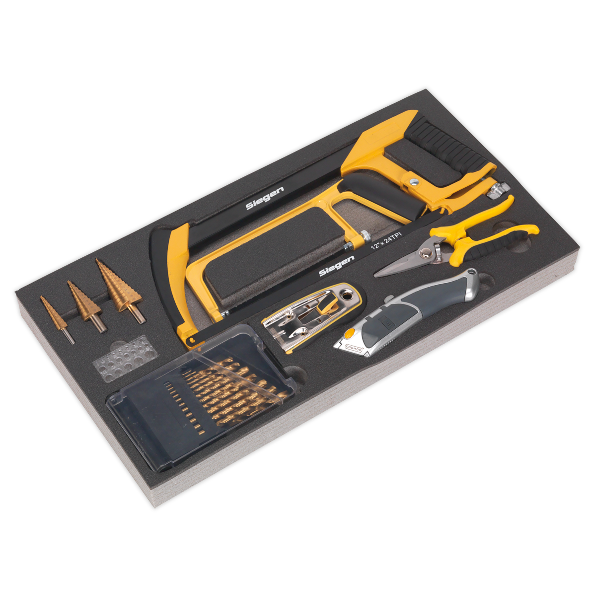 A Sealey Tool Tray with Cutting & Drilling Set 28pc - S01133, featuring a foam-lined case that includes drill bits, a screwdriver with multiple heads, saw blades, and other quality tools.