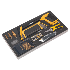 A Sealey Tool Tray with Cutting & Drilling Set 28pc - S01133, featuring a foam-lined case that includes drill bits, a screwdriver with multiple heads, saw blades, and other quality tools.