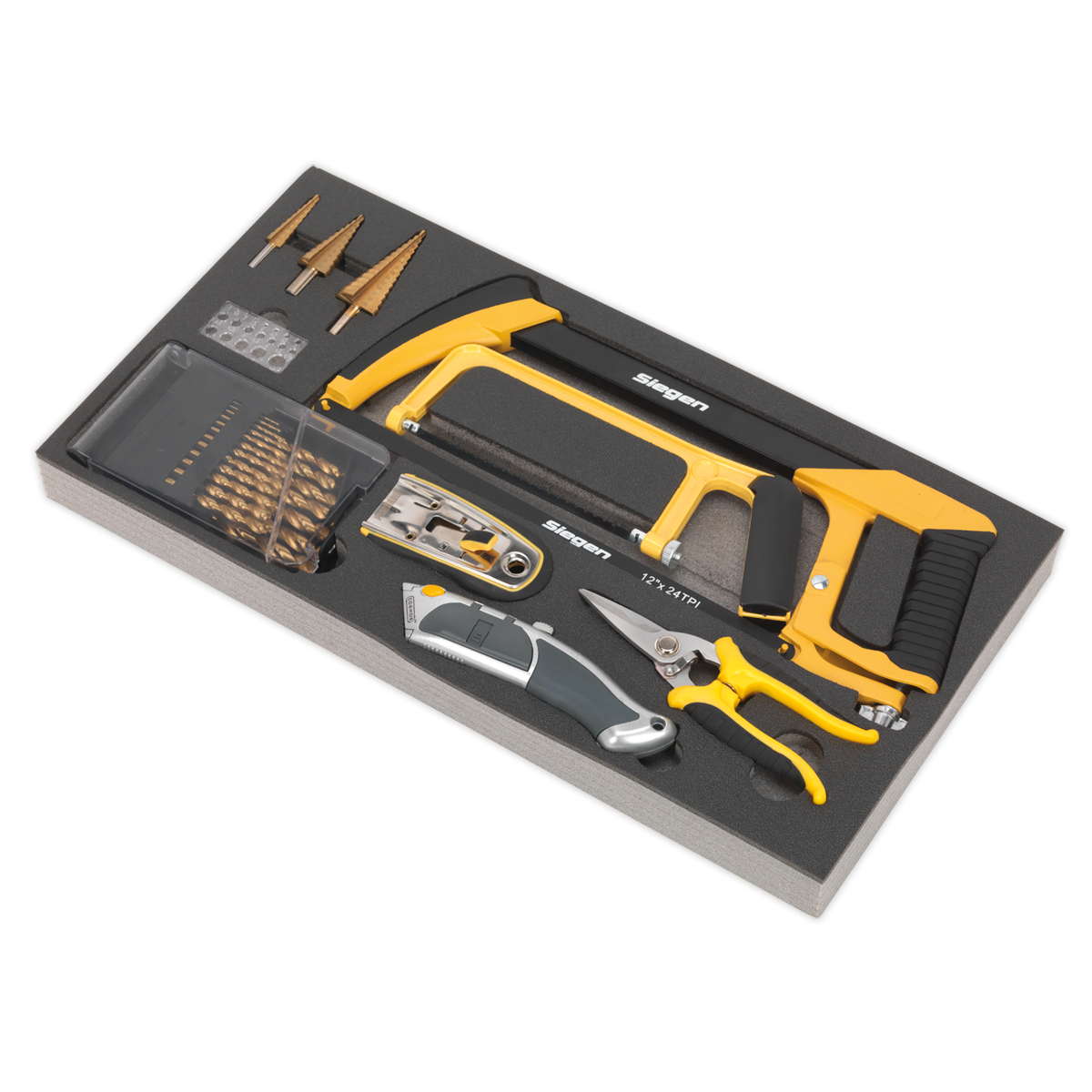 Introducing the Tool Tray with Cutting & Drilling Set 28pc - S01133 by Sealey: a comprehensive toolkit featuring quality tools including a hacksaw, utility knife, pliers, drill bits, and other essential items. All components are neatly organized in a black foam case to ensure durability and precision for every task.