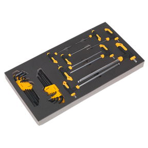 Sealey Tool Tray with T-Handle & Standard Hex Key Set 26pc (S01134), a foam-lined storage case containing a variety of yellow-handled hand tools, including hex keys, T-handle wrenches, and screwdrivers.