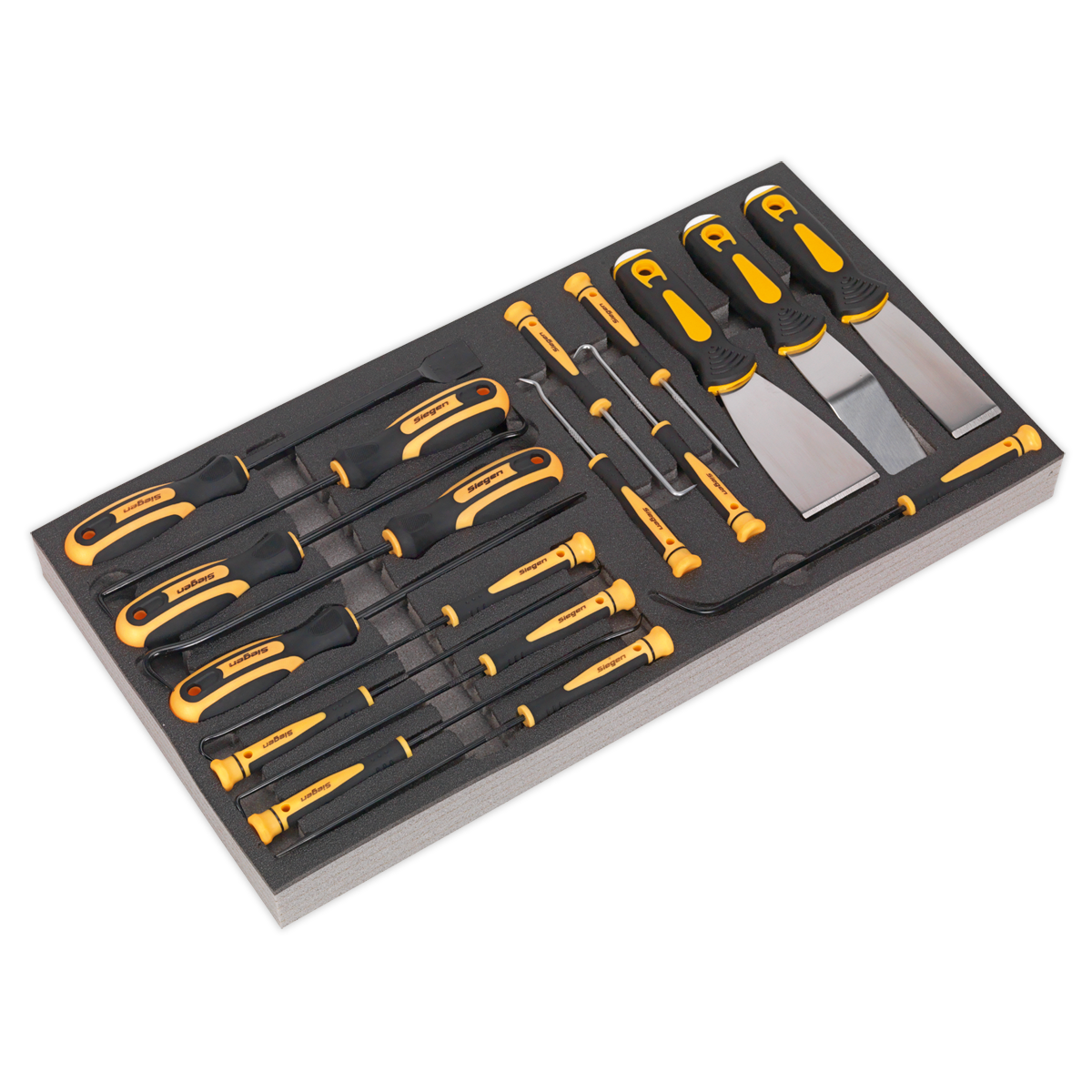 A sleek 18-piece hook and scraper set featuring black and yellow handled screwdrivers and chisels, all neatly arranged in the Sealey Tool Tray with Hook & Scraper Set - S01136.