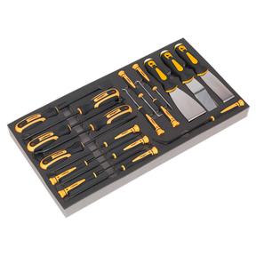 A sleek 18-piece hook and scraper set featuring black and yellow handled screwdrivers and chisels, all neatly arranged in the Sealey Tool Tray with Hook & Scraper Set - S01136.