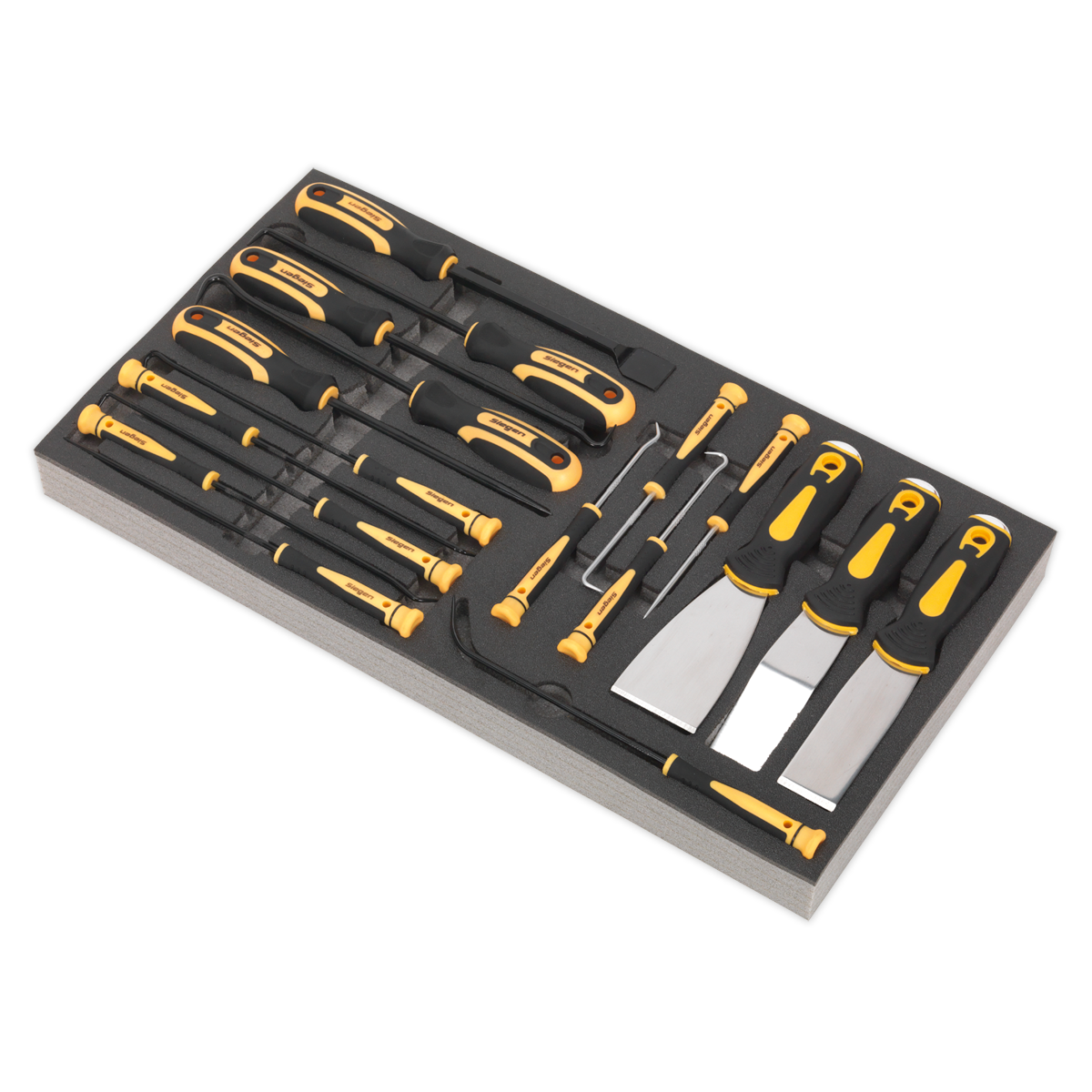 A Sealey Tool Tray with Hook & Scraper Set 18pc - S01136, containing various hand tools including screwdrivers, a hacksaw, chisels, and a file, all with black and yellow handles.