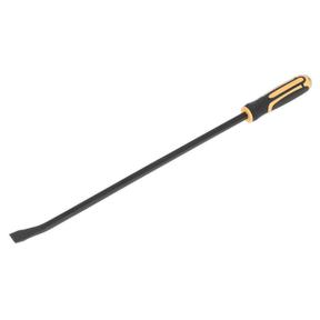 Illustration of a Sealey Pry Bar with Hammer Cap 610mm Heavy-Duty 25° - S01137, featuring a flat, angled end and an orange and black soft grip handle made from Chrome Vanadium steel.