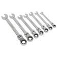 The Sealey Flexible Head Ratchet Combination Spanner Set 7pc Metric - S01143 includes seven spanners with open ends and ratcheting box ends, crafted from durable Chrome Vanadium and arranged in ascending order of size. These tools offer excellent quality at competitive prices.