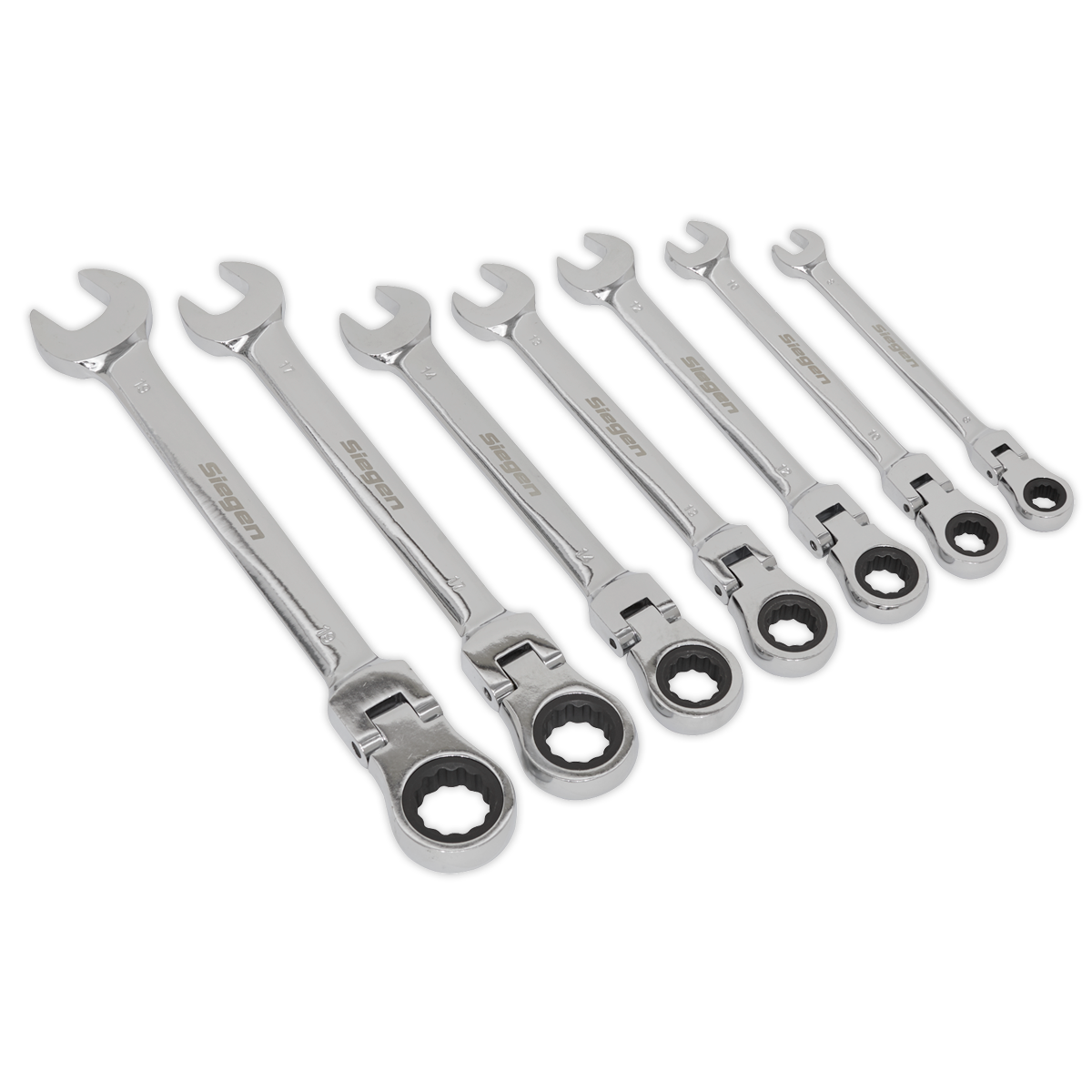 The Sealey Flexible Head Ratchet Combination Spanner Set 7pc Metric - S01143 includes seven spanners with open ends and ratcheting box ends, crafted from durable Chrome Vanadium and arranged in ascending order of size. These tools offer excellent quality at competitive prices.